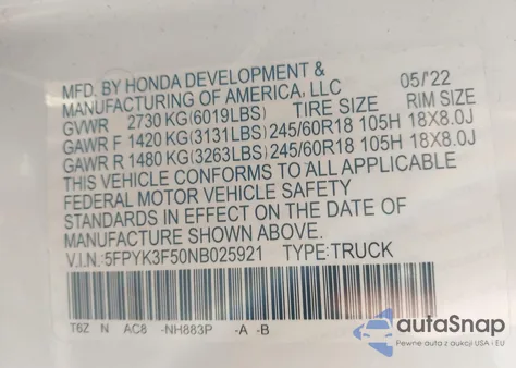 2022 Honda Ridgeline Rtl from USA, damaged, VIN 5FPYK3F50NB025921